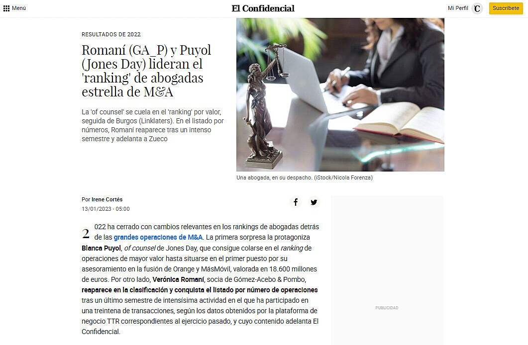 Roman (GA_P) y Puyol (Jones Day) lideran el 'ranking' de abogadas estrella de M&A